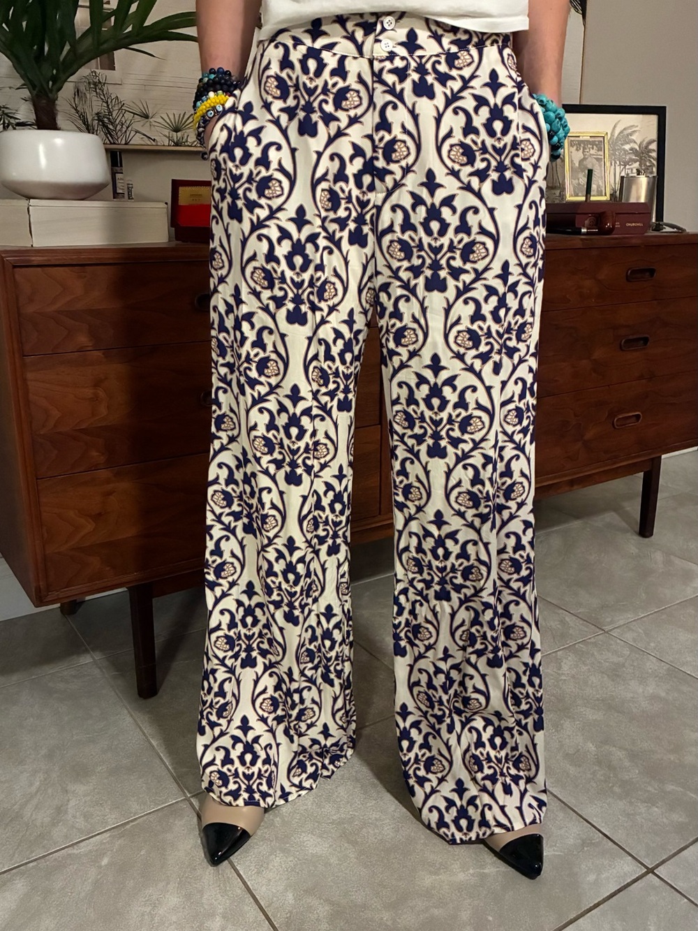 Vici Cream Top with Navy and Tan Abstract Print